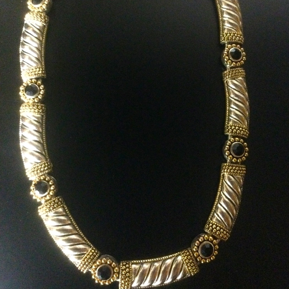 Vintage silver and gold black gemstone choker necklace